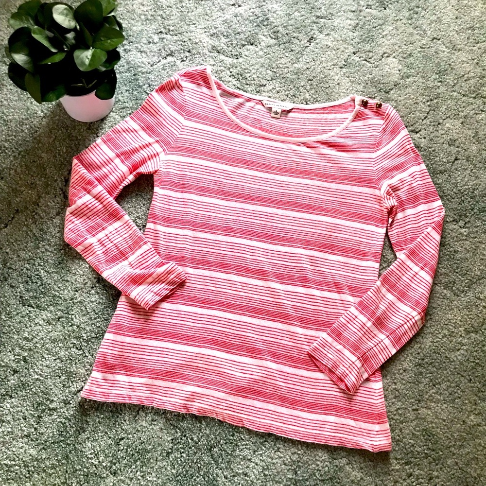 BANANA REPUBLIC Cream and Pinkish-Coral Striped Tee, Long Sleeve